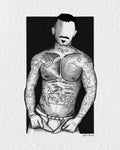 A black and white ink illustration of a tattooed man with his face blurred, presented as a print on a textured white background.