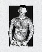 A black and white ink illustration of a tattooed man with his face blurred, presented as a print on a textured white background.