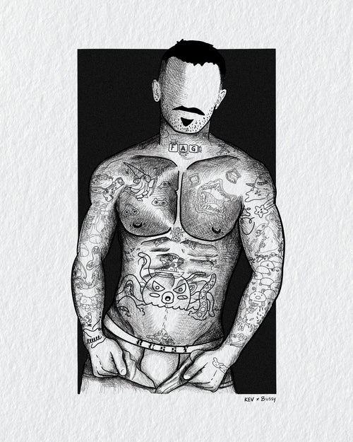 A black and white ink illustration of a tattooed man with his face blurred, presented as a print on a textured white background.