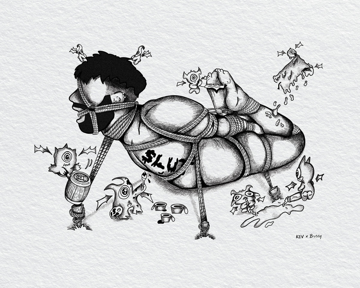 Imp Party a print by kev and bussy of a man tied down by imps having a fun and sensual time